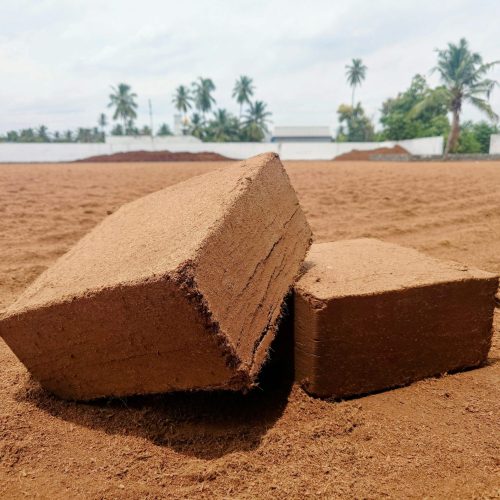 Close-up of coconut coir peat blocks on farmland in Omalur, India, used for gardening and agriculture.